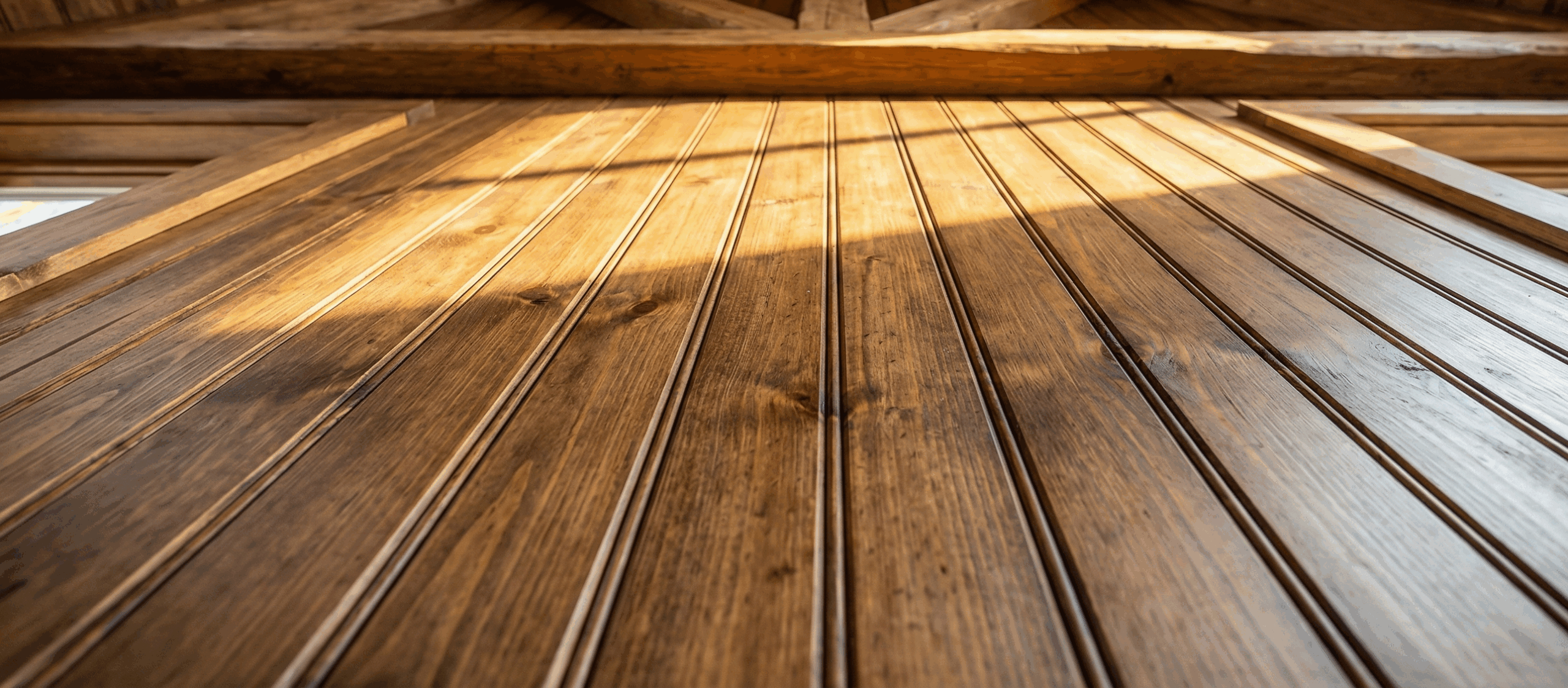 Wood ceiling and wall paneling in a finished room
