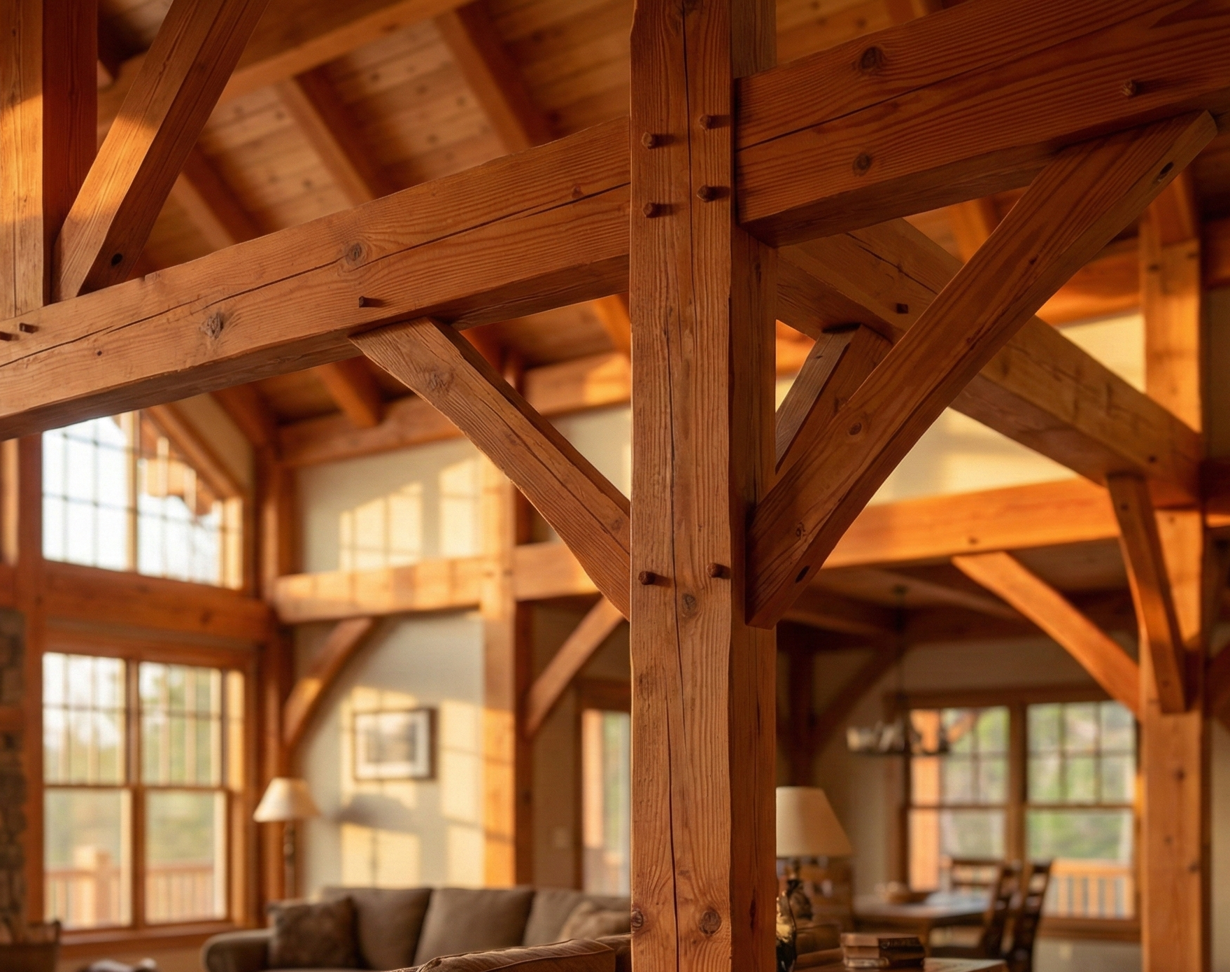 Exposed timber-frame posts, beams, and knee braces in a residential interior