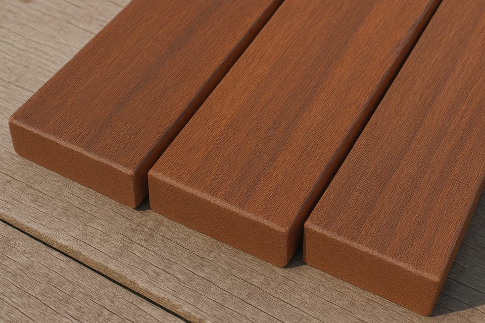 Installed Cumaru decking with warm reddish-brown tones