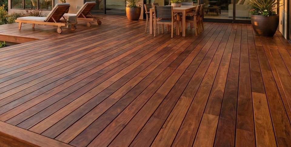 Cumaru decking boards showing warm tan to reddish-brown color