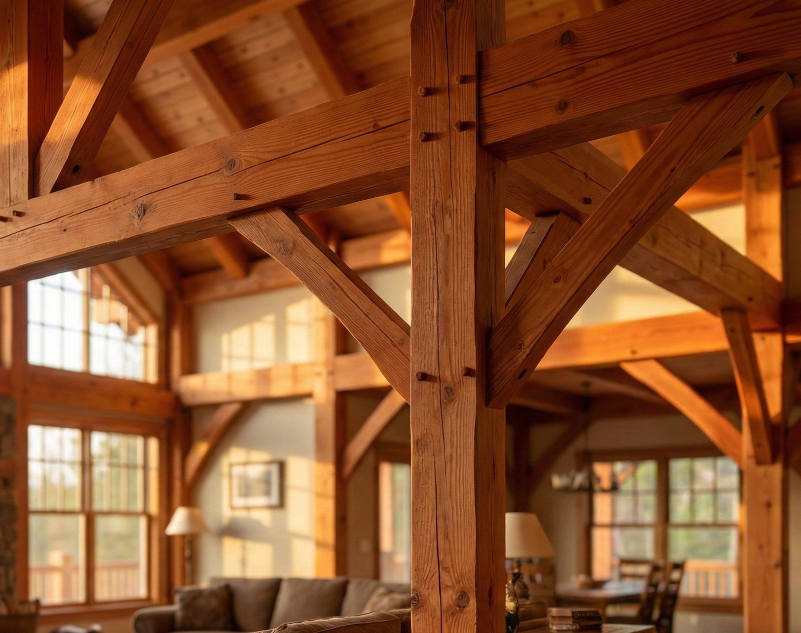 Exposed timber-frame posts, beams, and knee braces in a residential interior