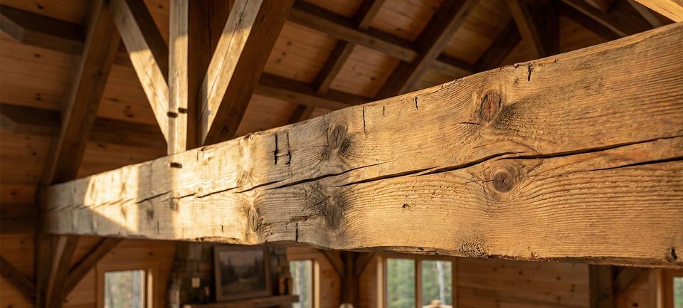 Pegged timber-frame joinery on an exposed interior beam