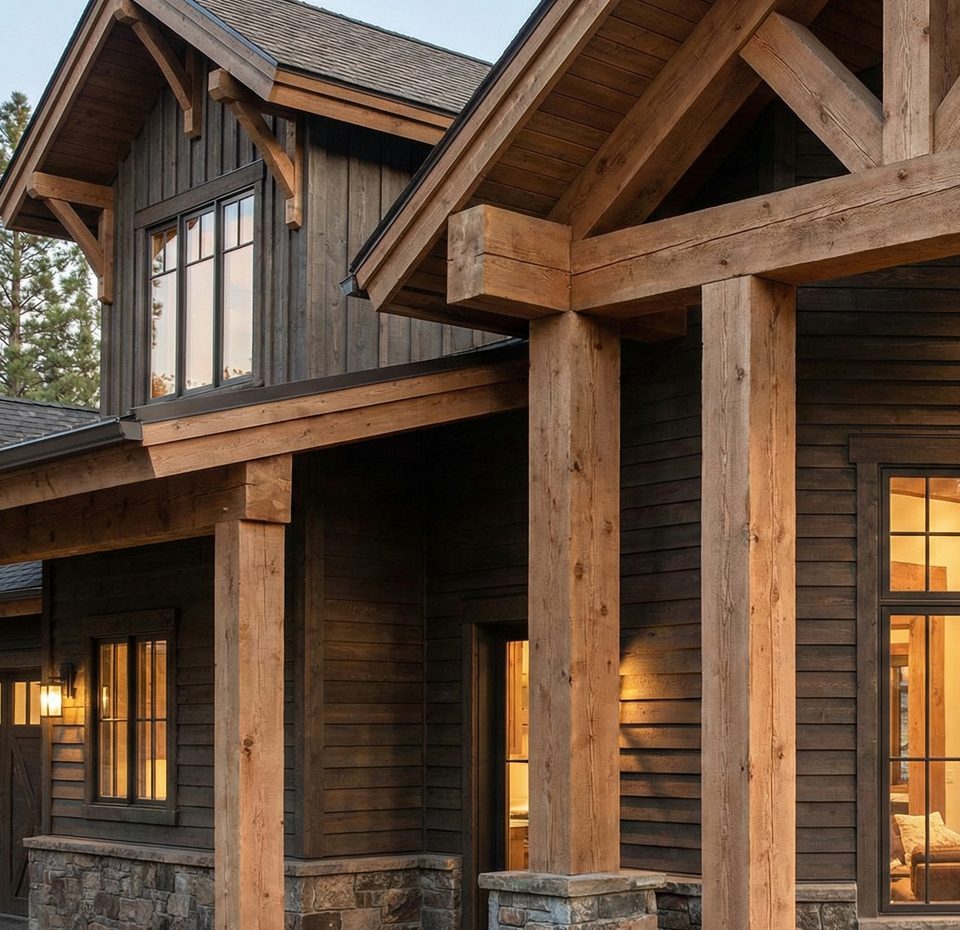 Exterior timber posts and beams on a residential porch