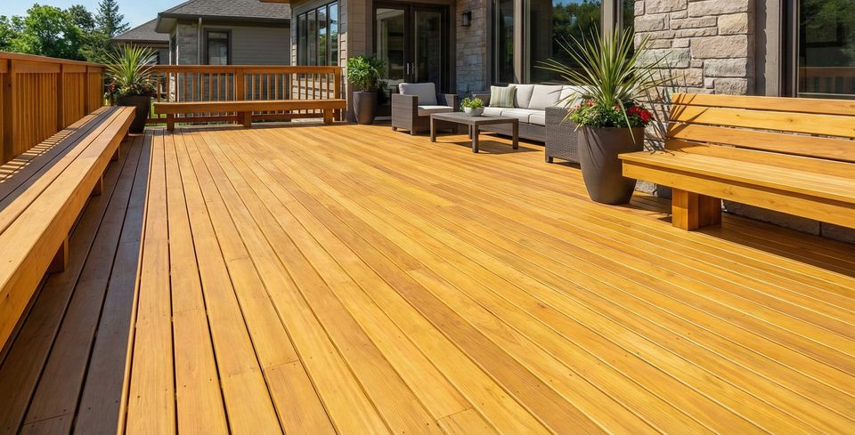 Garapa decking boards showing light golden to honey color