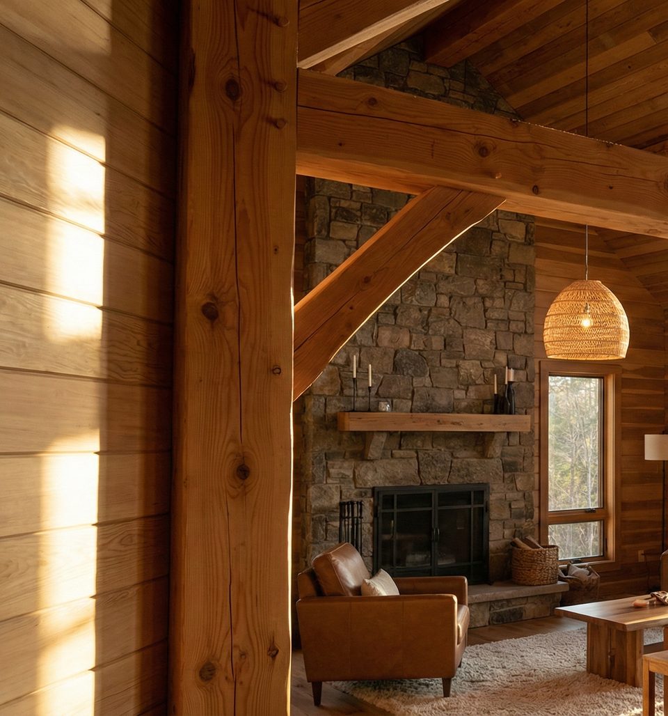 Interior exposed timber posts and beams in a mountain home